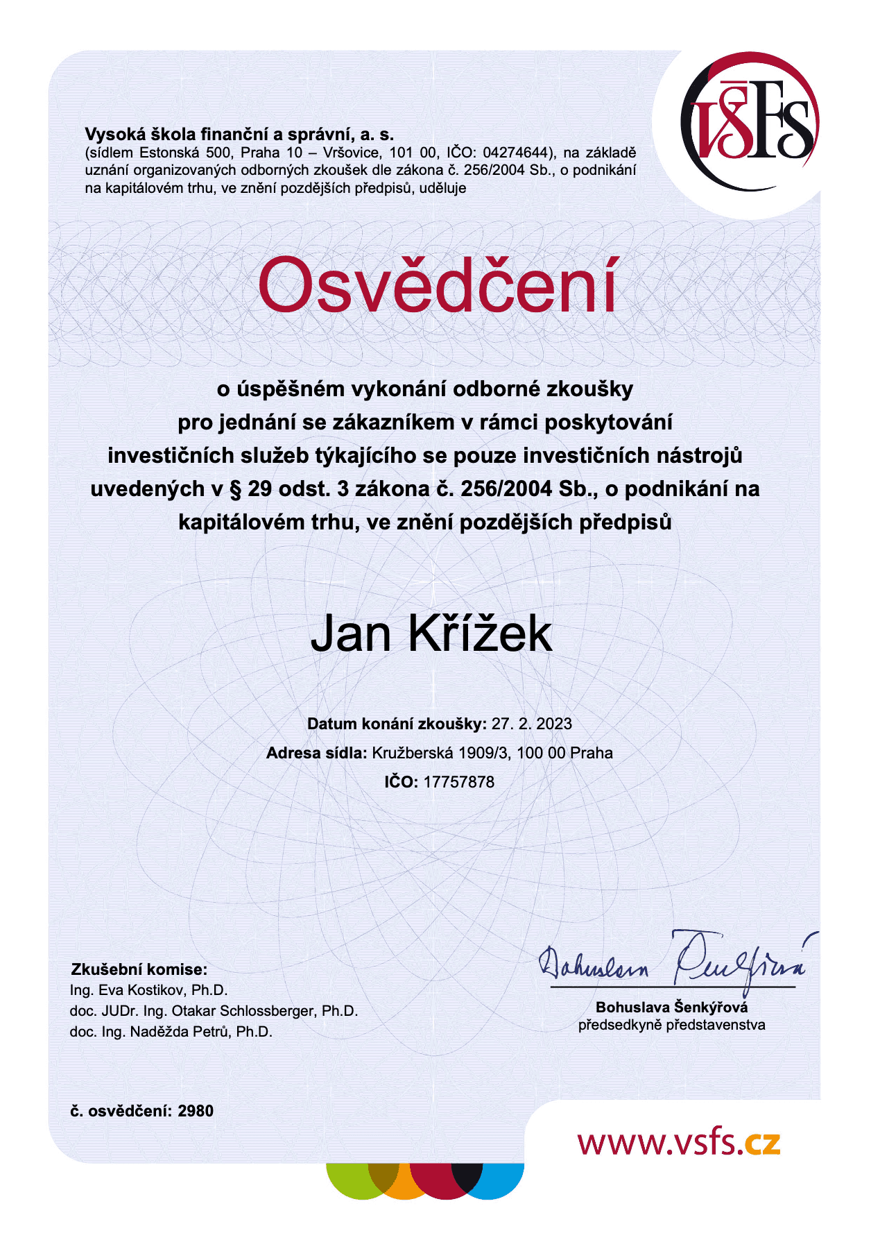 Certifikát investičního poradce